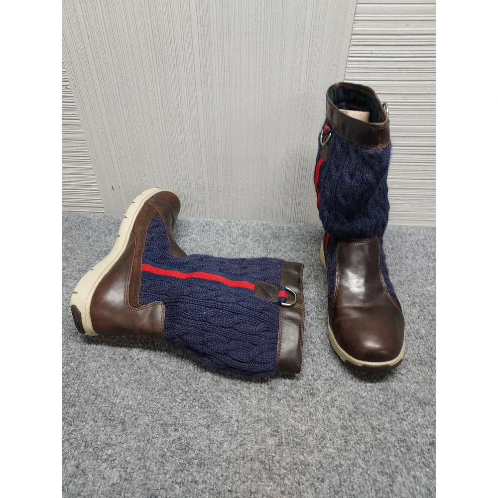 Tommy Hilfiger Men Sweater Boots 8.5M Navy Cable Knit Brown Leather Trim Outdoor